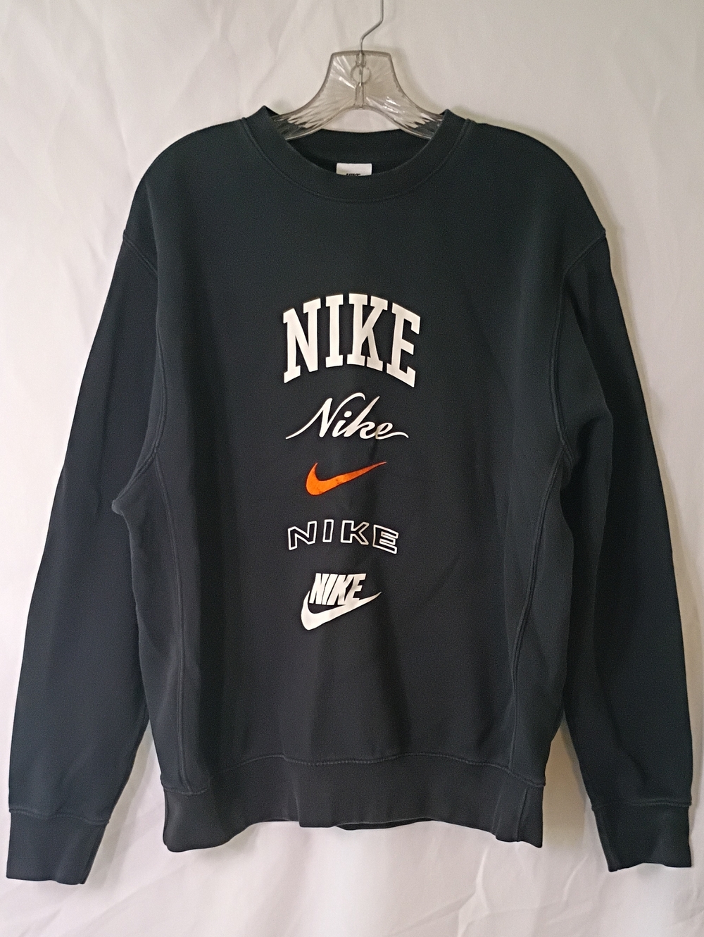 Nike Men's Black Crewneck Sweatshirt with White and Orange Logos